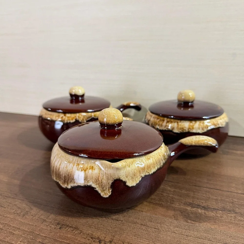 Set of 3 Vintage 70s Brown Drip Glaze French Onion Soup Crocks with Lids